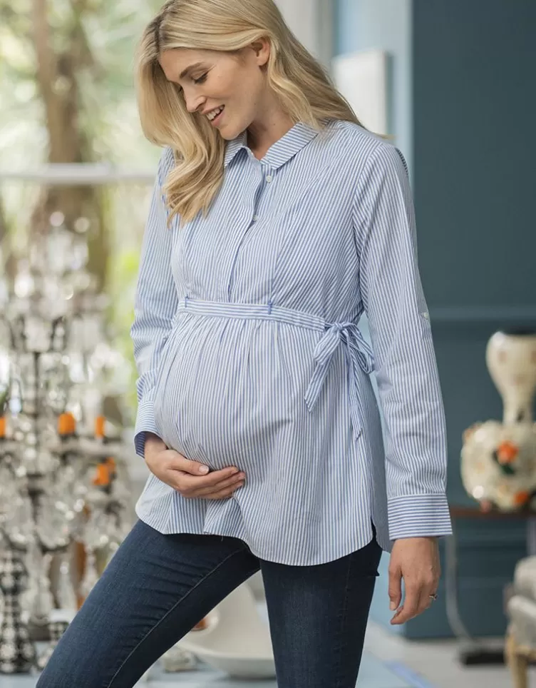 Seraphine Chemise de grossesse et d'allaitement à fines rayures bleues et blanches avec lien sur le côté< Vêtements d'allaitement | Hoodies et Tops