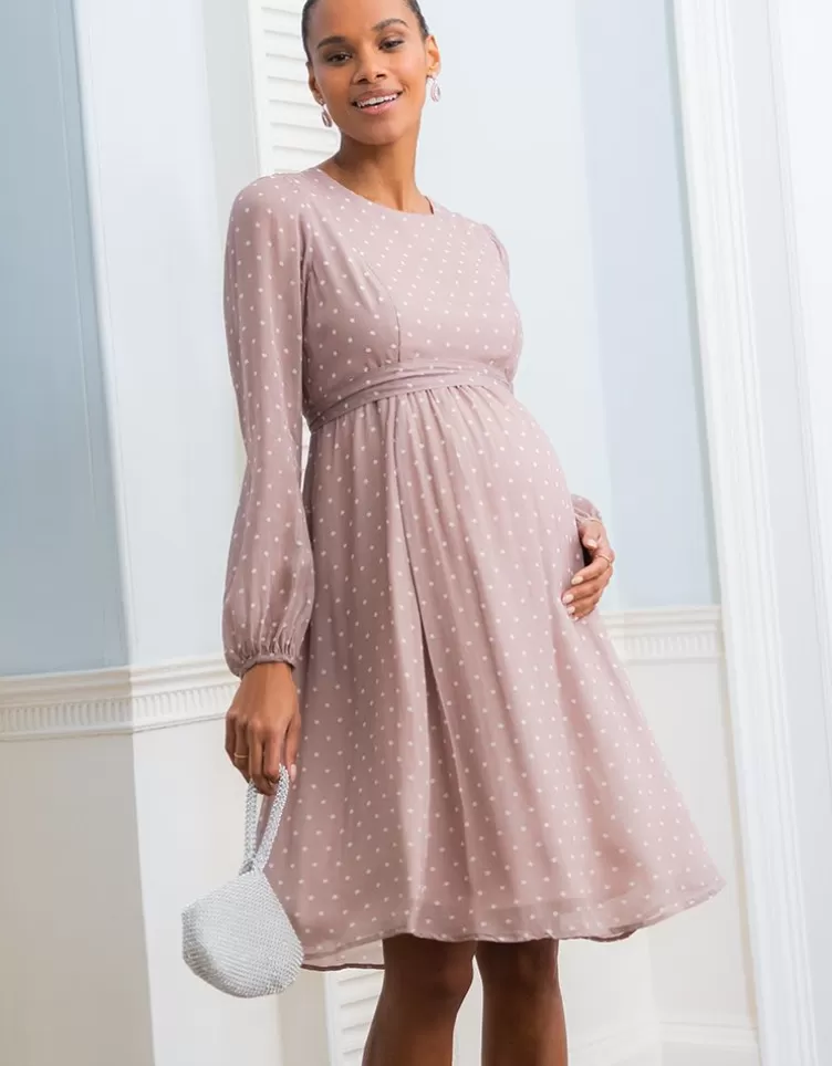Seraphine de grossesse et d'allaitement en mousseline à pois taupe et blanc | < Vêtements d'allaitement | Robes