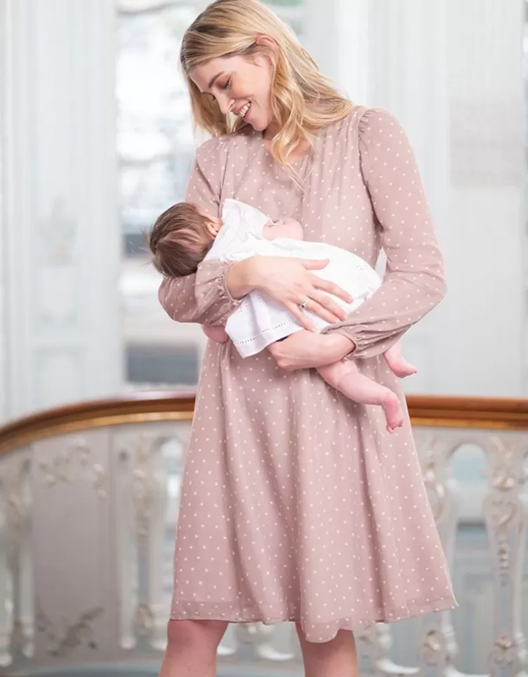 Seraphine de grossesse et d'allaitement en mousseline à pois taupe et blanc | < Vêtements d'allaitement | Robes