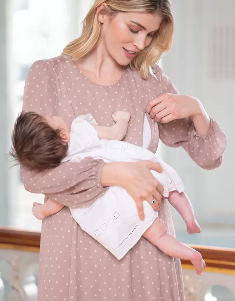 Seraphine de grossesse et d'allaitement en mousseline à pois taupe et blanc | < Vêtements d'allaitement | Robes