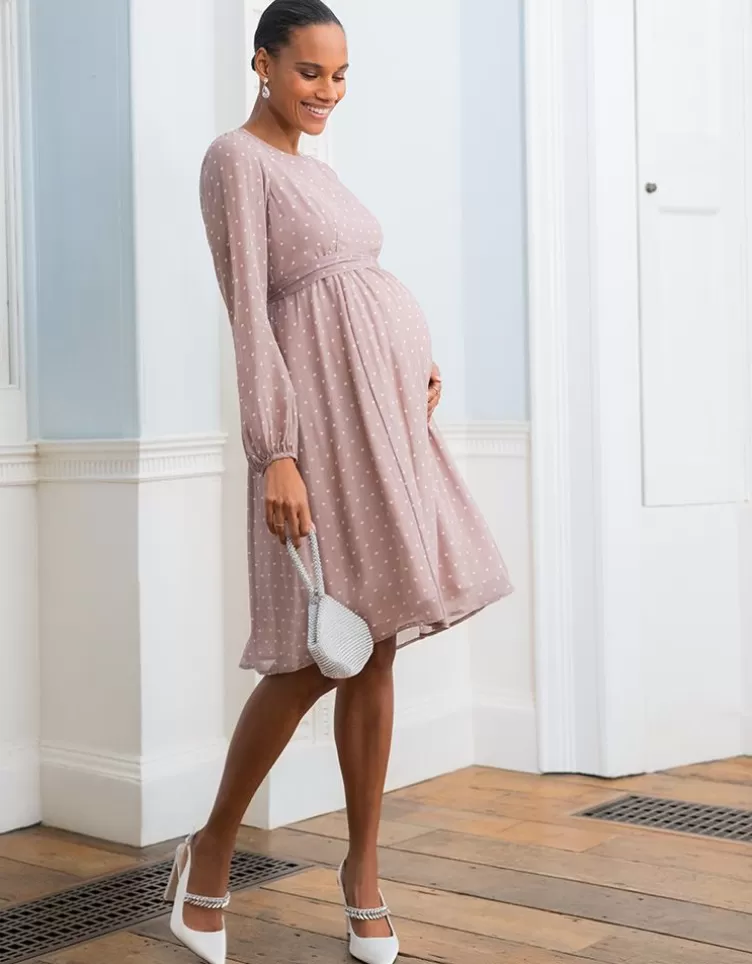 Seraphine de grossesse et d'allaitement en mousseline à pois taupe et blanc | < Vêtements d'allaitement | Robes