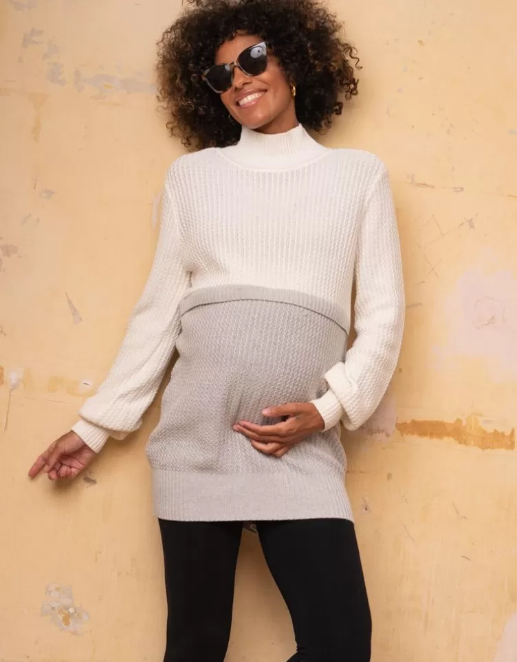 Seraphine Pull grossesse et allaitement en coton, crème et gris | < Vêtements d'allaitement | Hoodies et Tops