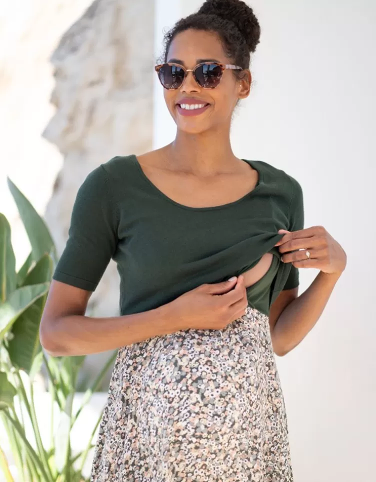 Seraphine Robe de grossesse à allaitement vert kaki à imprimé petites fleurs avec haut< Vêtements d'allaitement | Robes