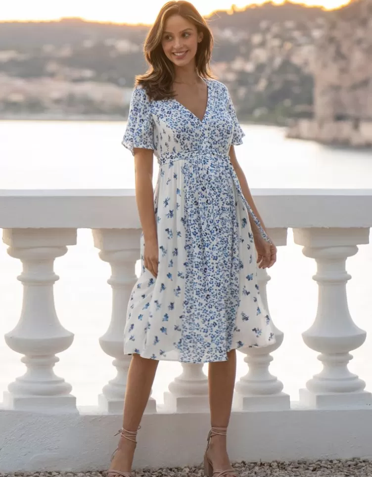Seraphine Robe de grossesse et d'allaitement à fleurs bleue et blanche | < Vêtements d'allaitement | Robes