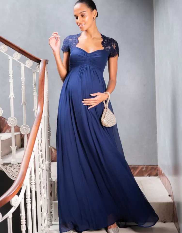 Seraphine Robe de soirée grossesse en soie et en dentelle bleu marine | < Robes de fêtes