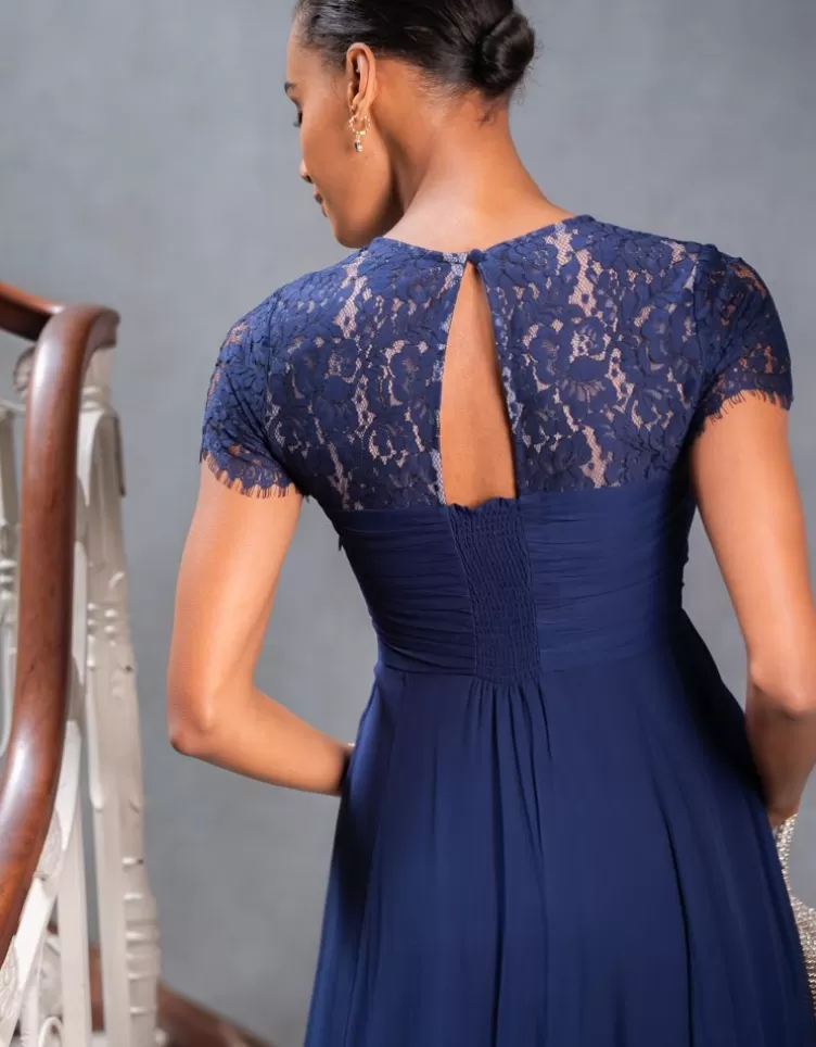 Seraphine Robe de soirée grossesse en soie et en dentelle bleu marine | < Robes de fêtes