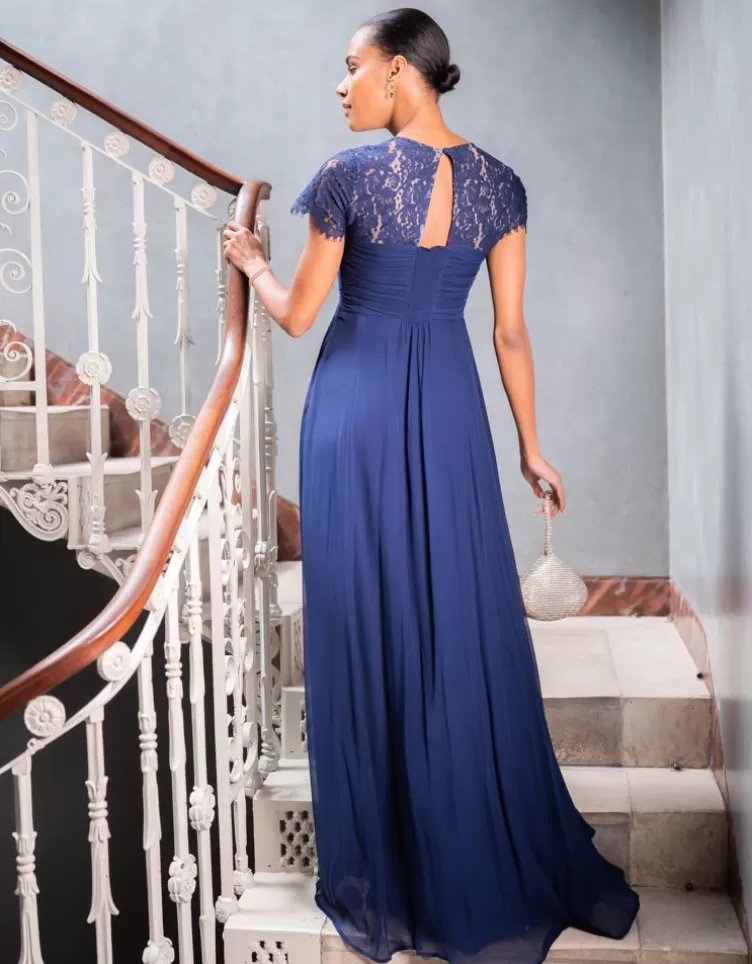 Seraphine Robe de soirée grossesse en soie et en dentelle bleu marine | < Robes de fêtes