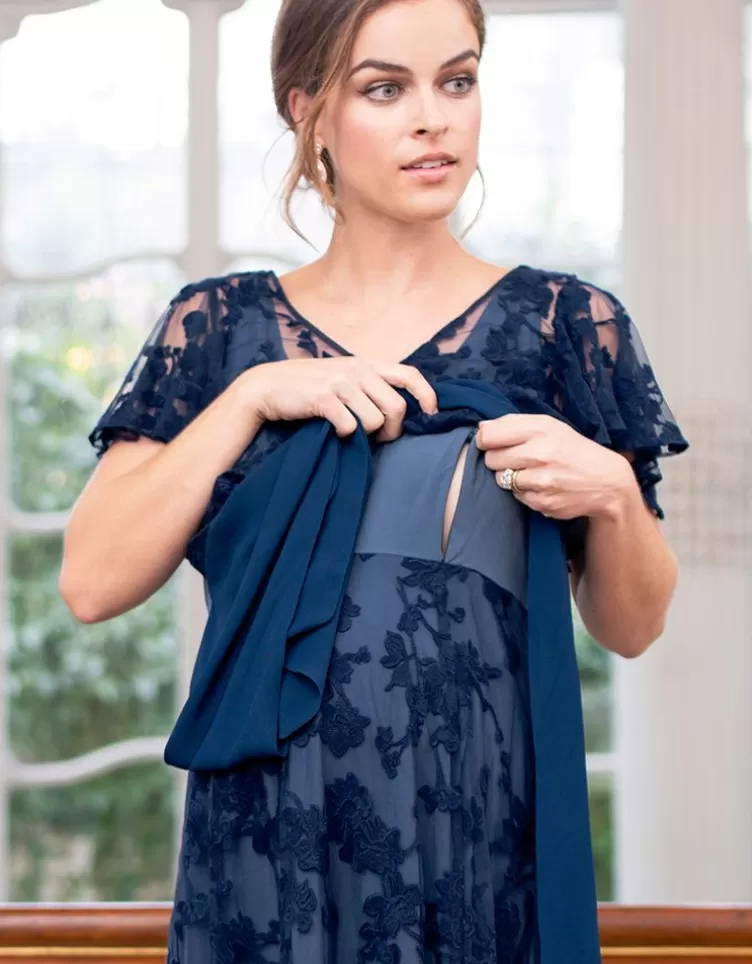 Seraphine Robe en dentelle florale de grossesse à allaitement bleu marine | < Vêtements d'allaitement | Robes