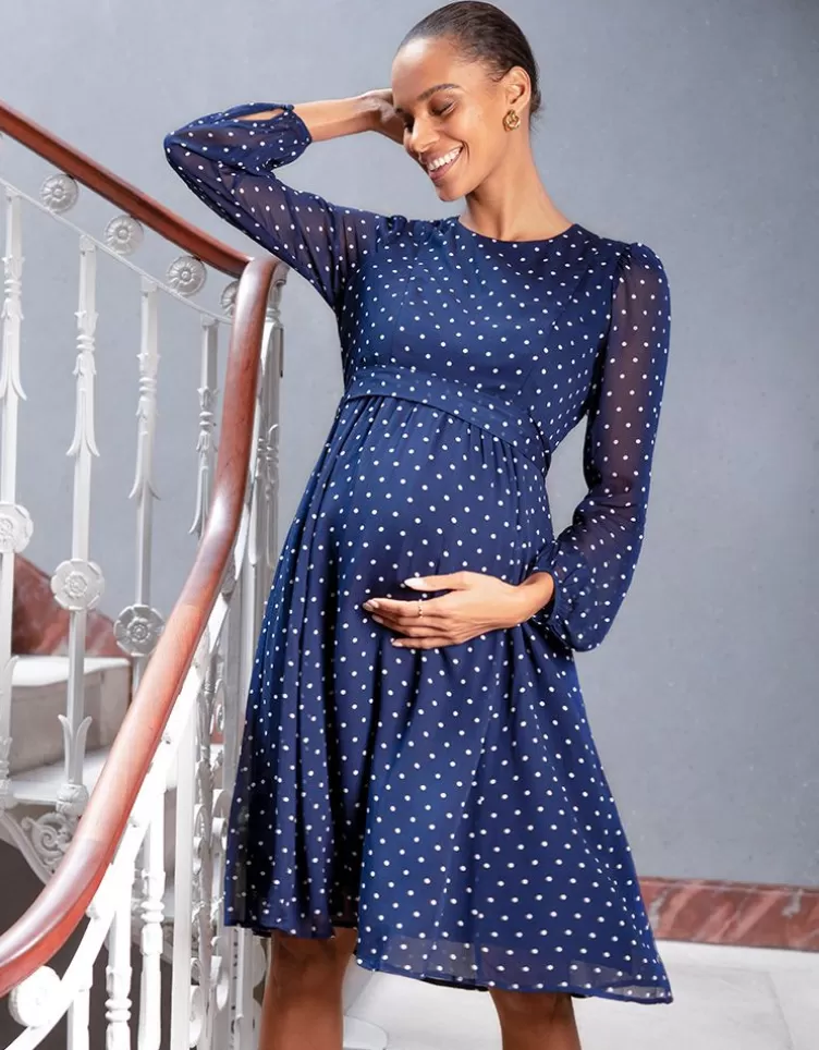 Seraphine Robe grossesse et allaitement en mousseline à pois bleu marine et blanc | < Vêtements d'allaitement | Robes