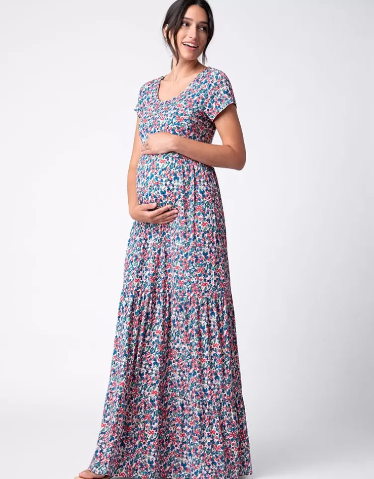 Seraphine Robe longue grossesse à allaitement en jersey à fleurs multicolores< Robes