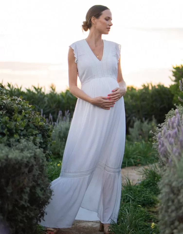 Seraphine Robe longue grossesse et allaitement en dentelle boho blanche | < Robes | Robes