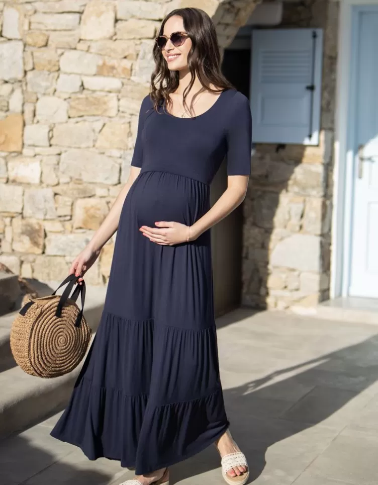 Seraphine Robe longue grossesse et allaitement en jersey bleu marine | < Vêtements d'allaitement | Robes