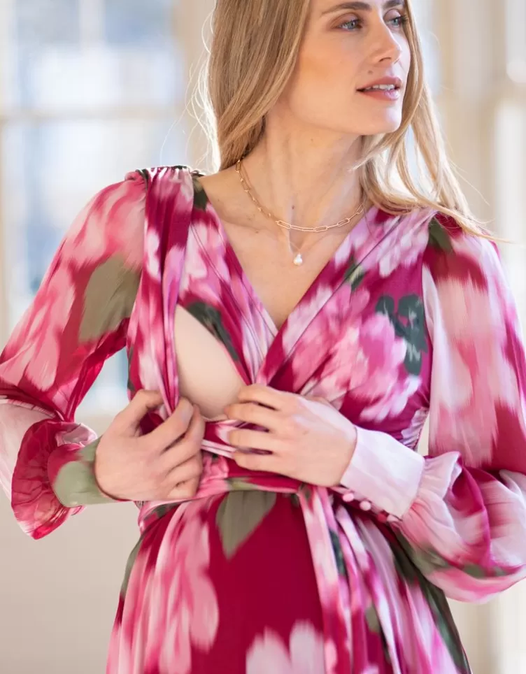 Seraphine Robe mi-longue cache-cœur grossesse et allaitement à fleurs de baies | < Vêtements d'allaitement | Robes