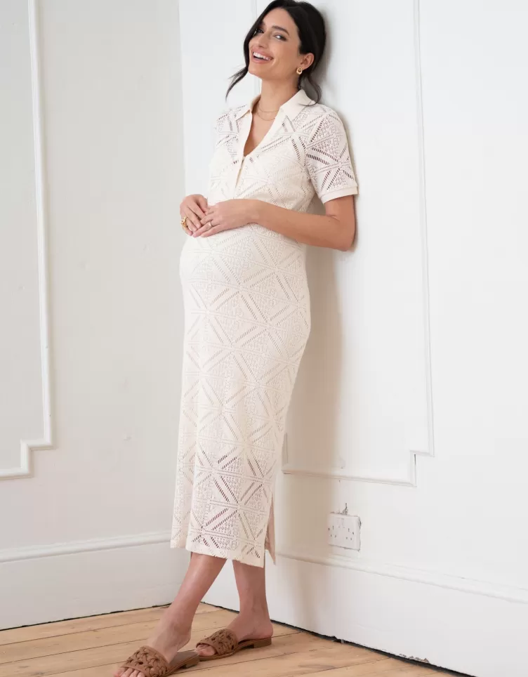 Seraphine Robe mi-longue de grossesse et allaitement avec col et aspect de crochet | < Vêtements d'allaitement | Robes