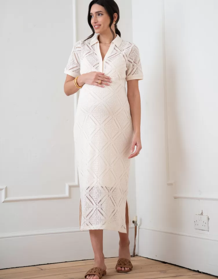 Seraphine Robe mi-longue de grossesse et allaitement avec col et aspect de crochet | < Vêtements d'allaitement | Robes