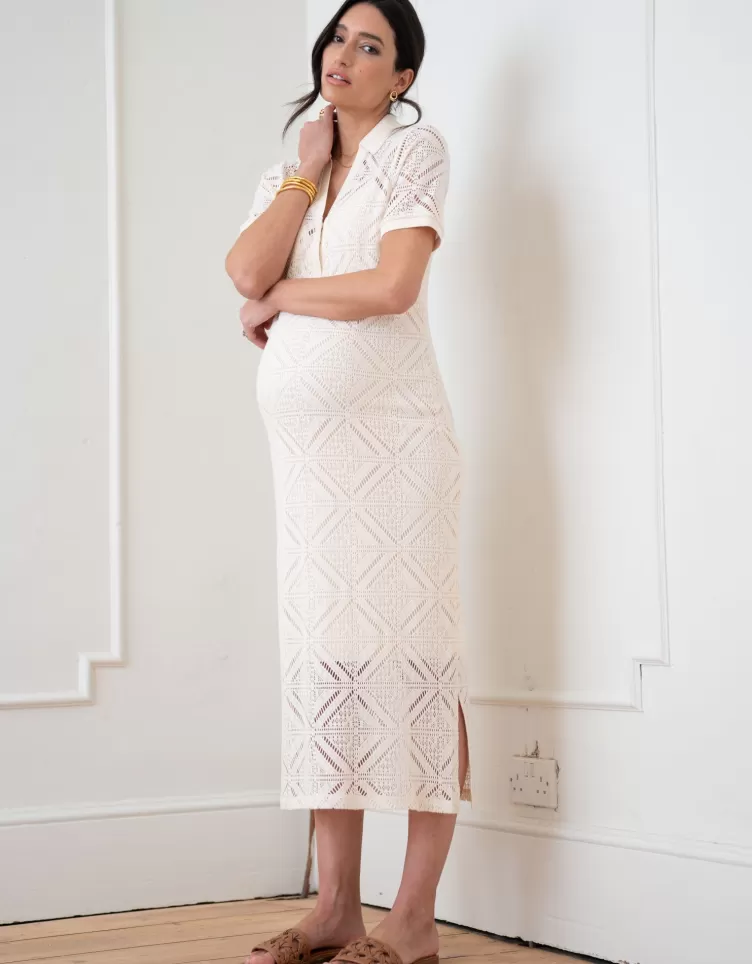 Seraphine Robe mi-longue de grossesse et allaitement avec col et aspect de crochet | < Vêtements d'allaitement | Robes