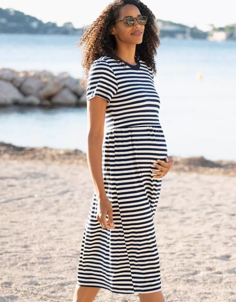 Seraphine Robe t-shirt smockée grossesse et allaitement mi-longue rayée bleu marine et blanche< Vêtements d'allaitement | Robes