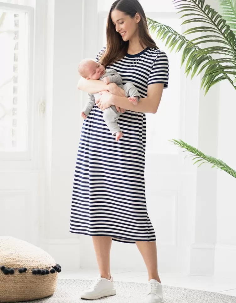 Seraphine Robe t-shirt smockée grossesse et allaitement mi-longue rayée bleu marine et blanche< Vêtements d'allaitement | Robes