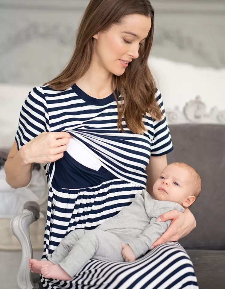 Seraphine Robe t-shirt smockée grossesse et allaitement mi-longue rayée bleu marine et blanche< Vêtements d'allaitement | Robes