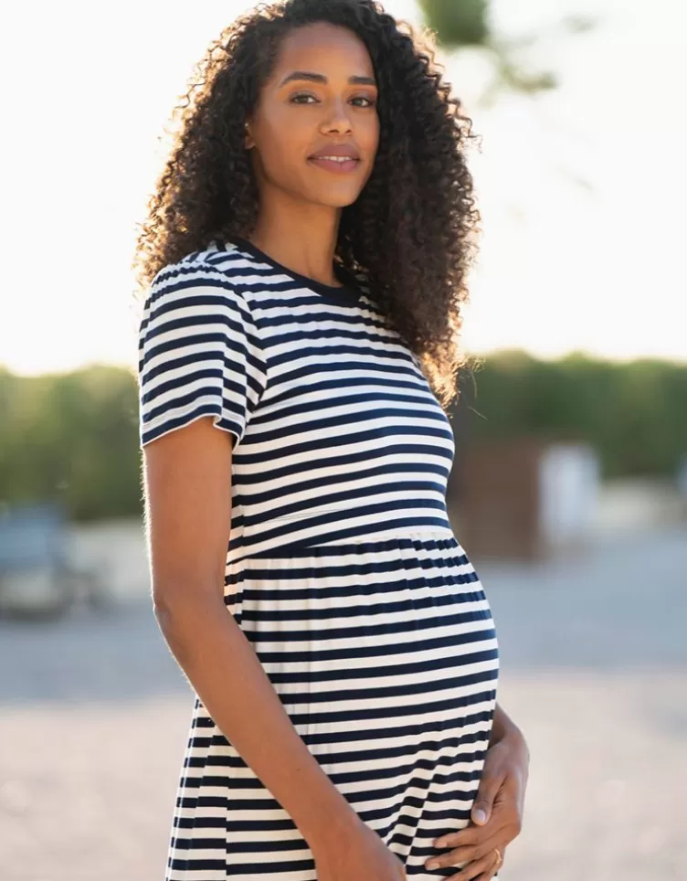 Seraphine Robe t-shirt smockée grossesse et allaitement mi-longue rayée bleu marine et blanche< Vêtements d'allaitement | Robes