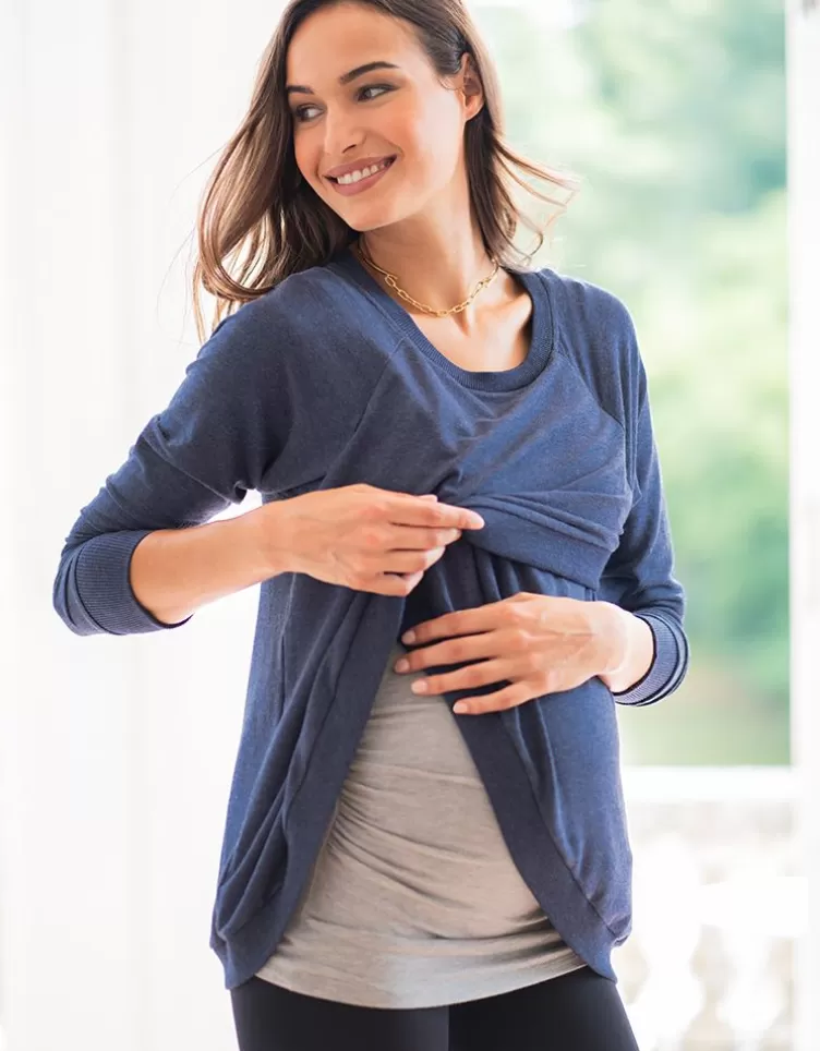 Seraphine Sweat grossesse et allaitement croisé en mélange de coton – Bleu | < Vêtements d'allaitement | Hoodies et Tops