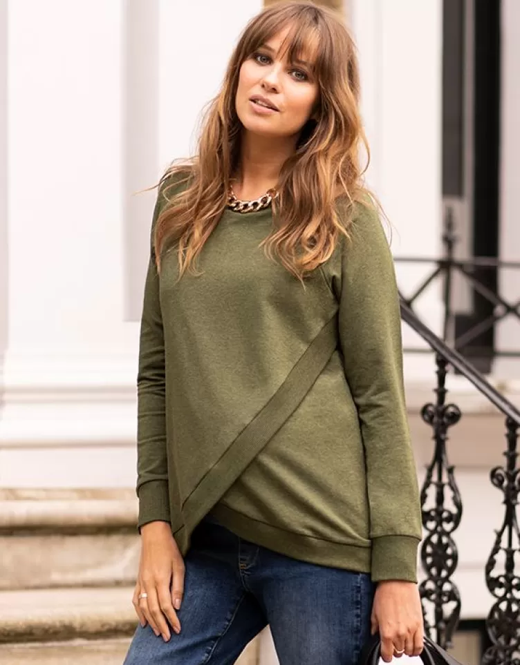 Seraphine Sweat grossesse et allaitement croisé en mélange de coton – Vert olive | < Vêtements d'allaitement | Hoodies et Tops