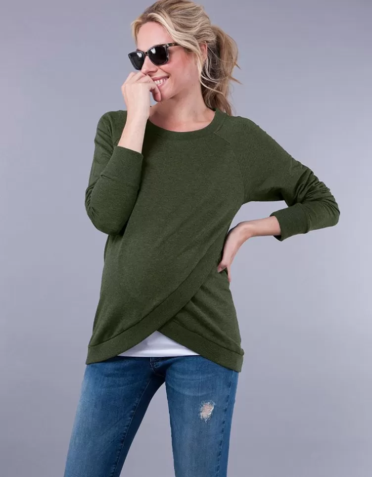 Seraphine Sweat grossesse et allaitement croisé en mélange de coton – Vert olive | < Vêtements d'allaitement | Hoodies et Tops