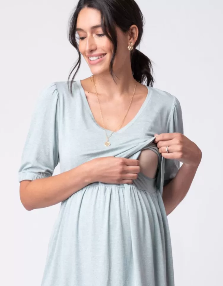 Seraphine Tunique smockée de grossesse et d'allaitement vert sauge à col en V< Vêtements d'allaitement | Hoodies et Tops