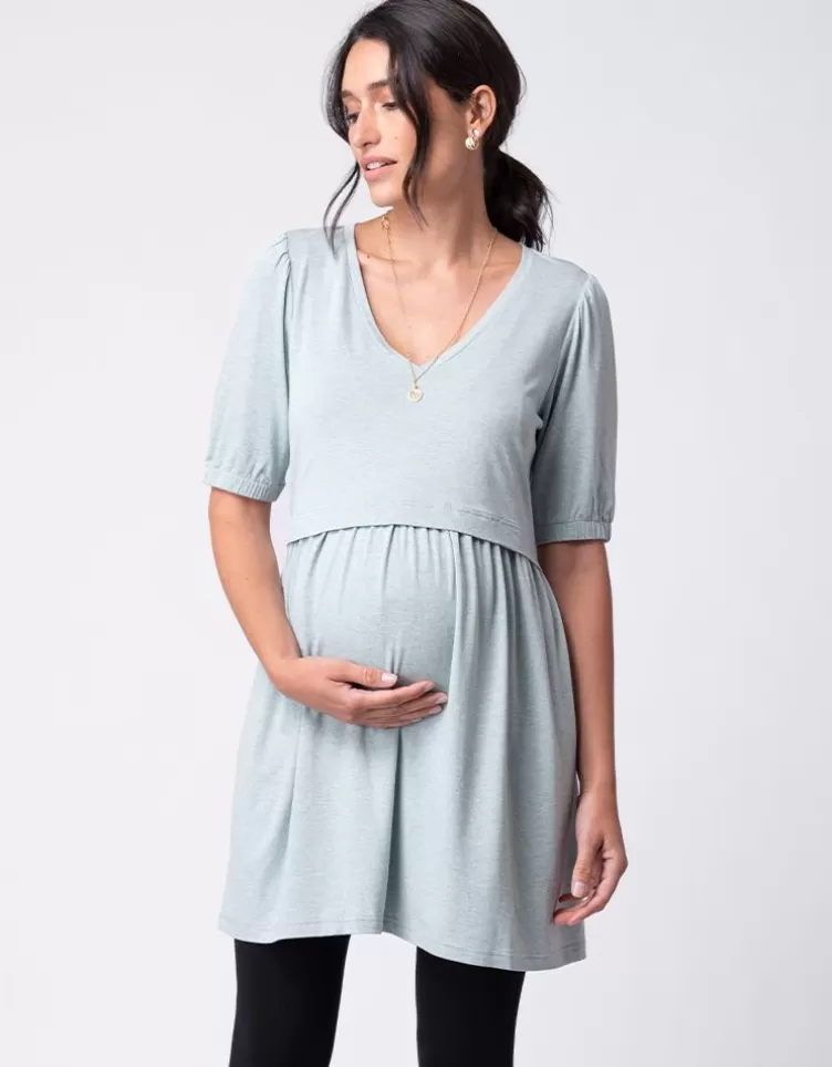 Seraphine Tunique smockée de grossesse et d'allaitement vert sauge à col en V< Vêtements d'allaitement | Hoodies et Tops